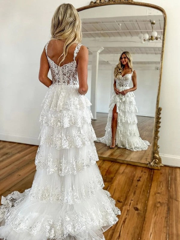 Vestidos Weitese de corte A/princesa con tul, encaje, tirantes, sin mangas y cola de corte